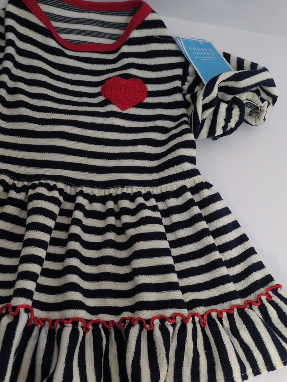 NWT Draper James Blue Striped Dog Dress Medium M Red Heart Ruffle Accent